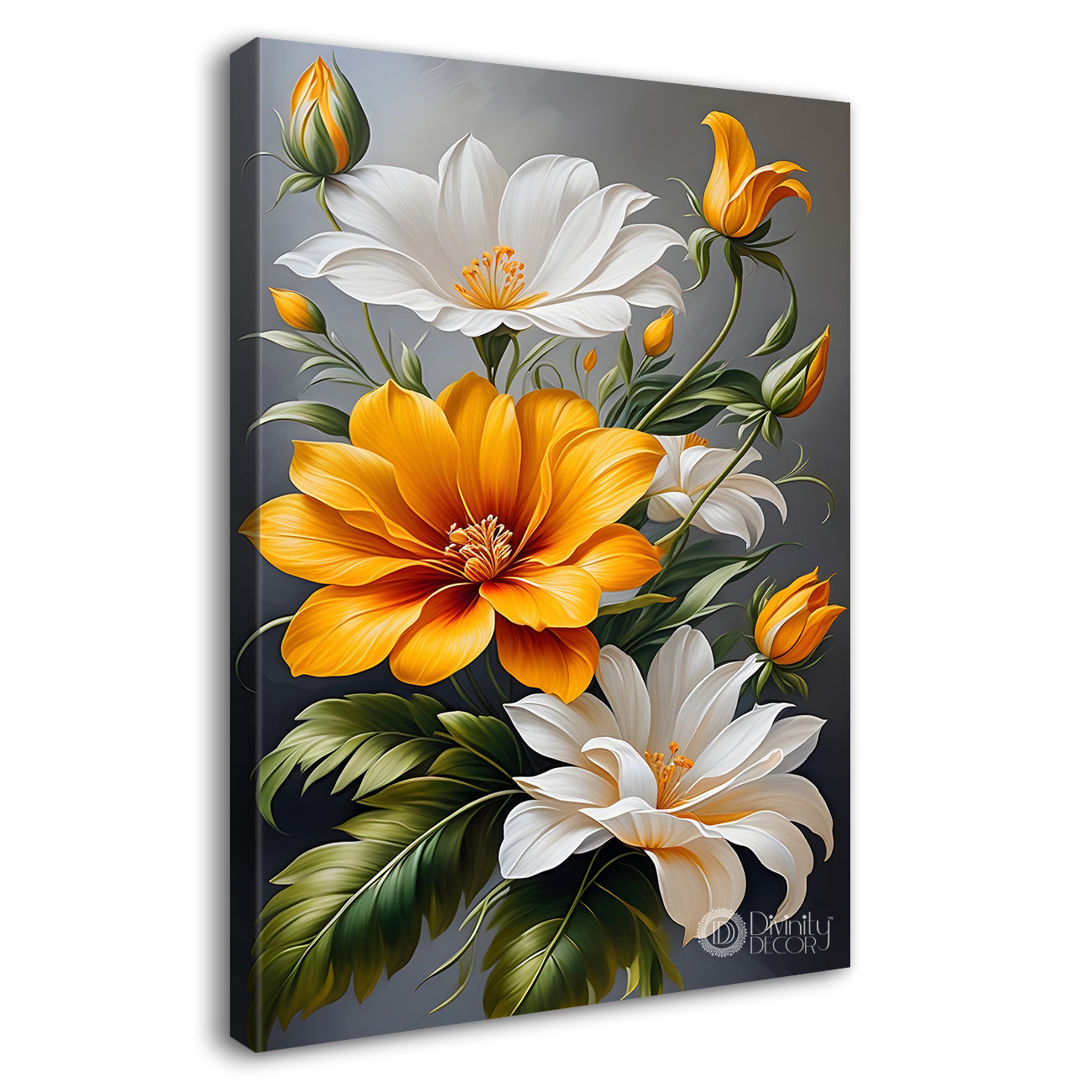 White and orange flowers in grey textured painting- Flower-V-247