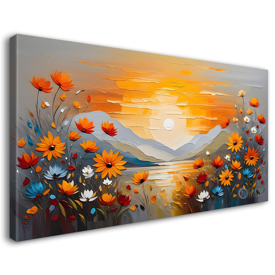 Mountains with flowers and sunset painting Canvas Painting - Nature Art -249