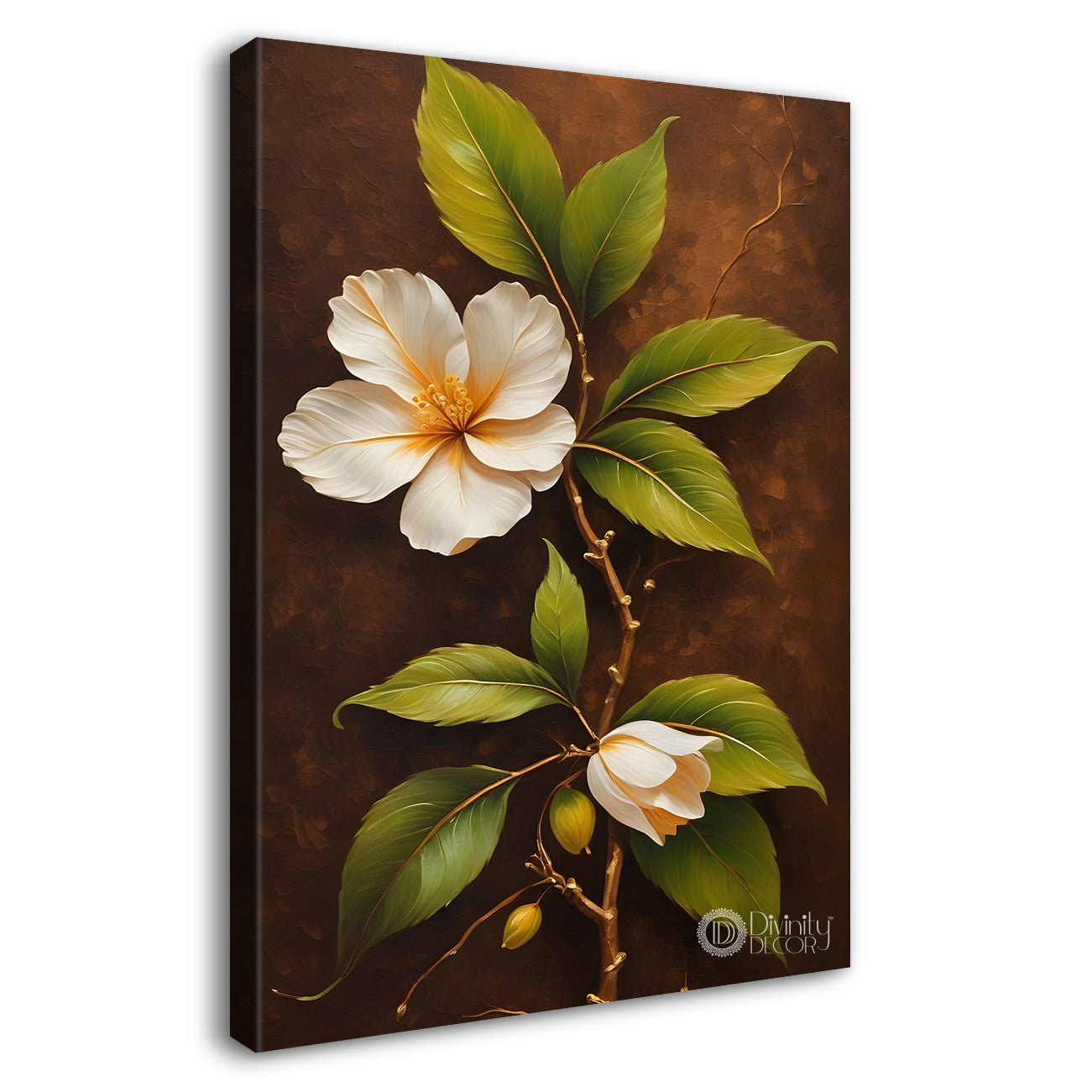White flowers in brown textured painting- Flower-V-249