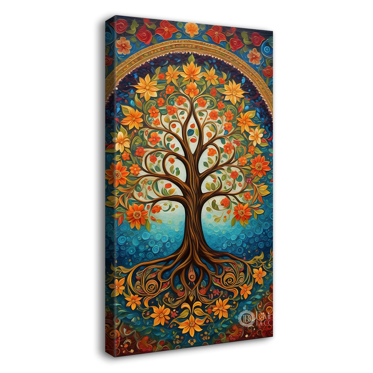 Tree with colourful flowers in bright background textured modern art Canvas painting - Tree-V-24