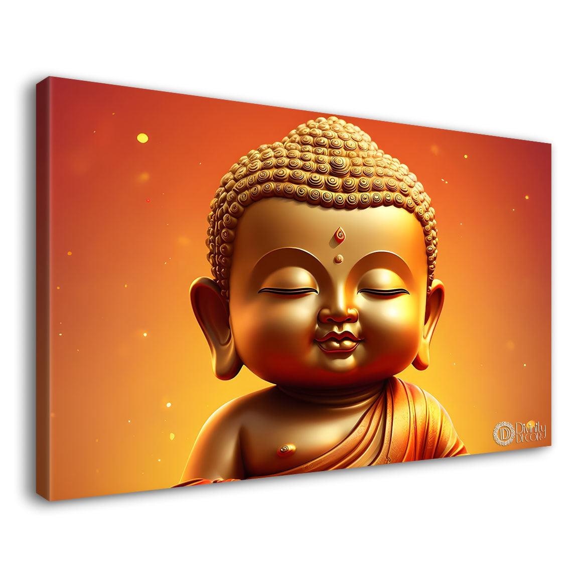 Golden baby buddha with orange background painting Canvas Wall Painting - Buddha-24