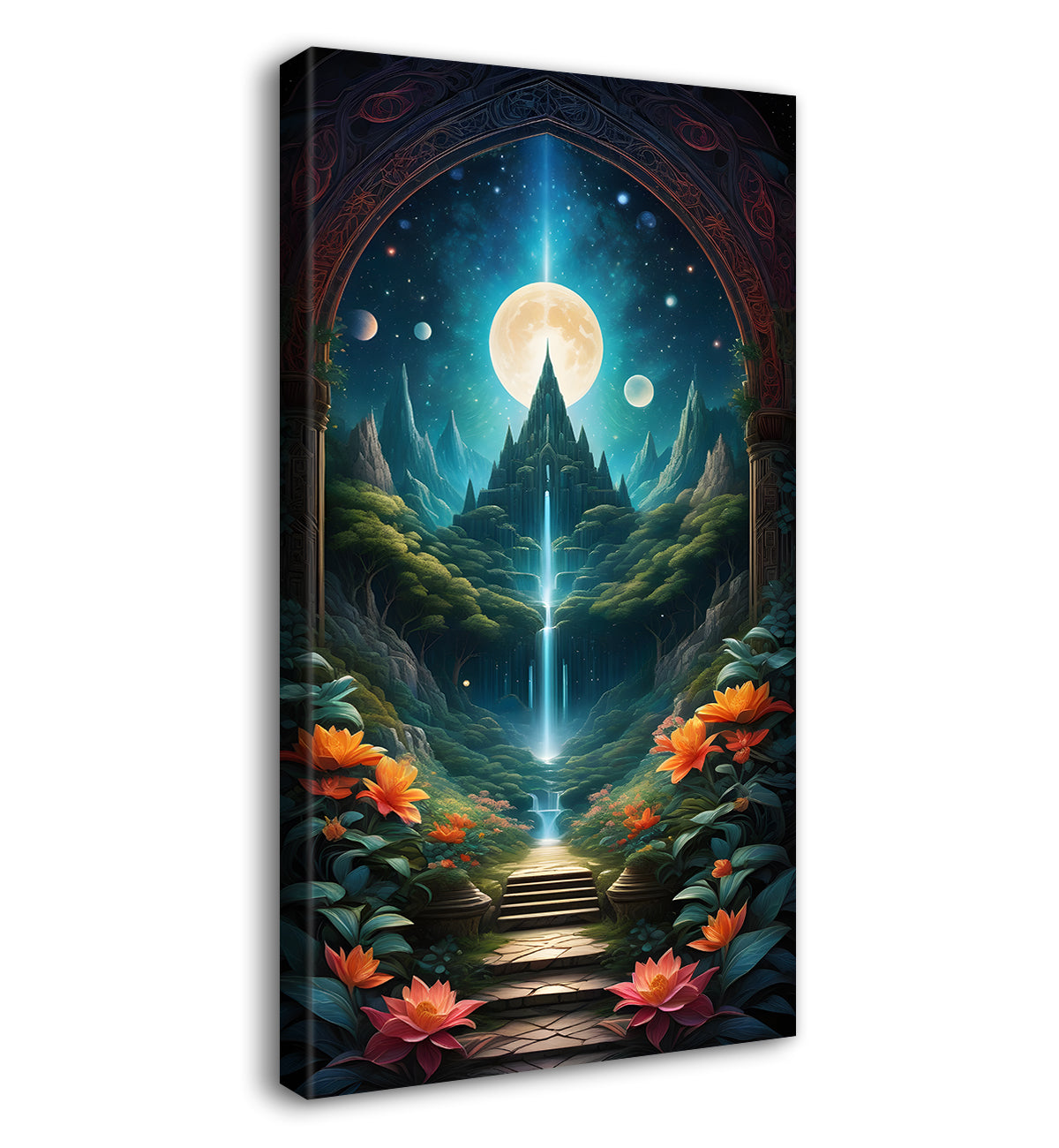 Castle in mountains in night background with the moon textured natural art Canvas Painting - Nature Art -V-24