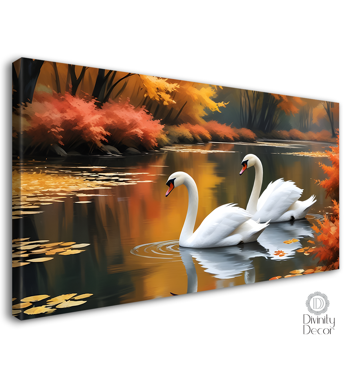 Two Swans floating in orange and yellow tree textured art. - Design - Animal -24