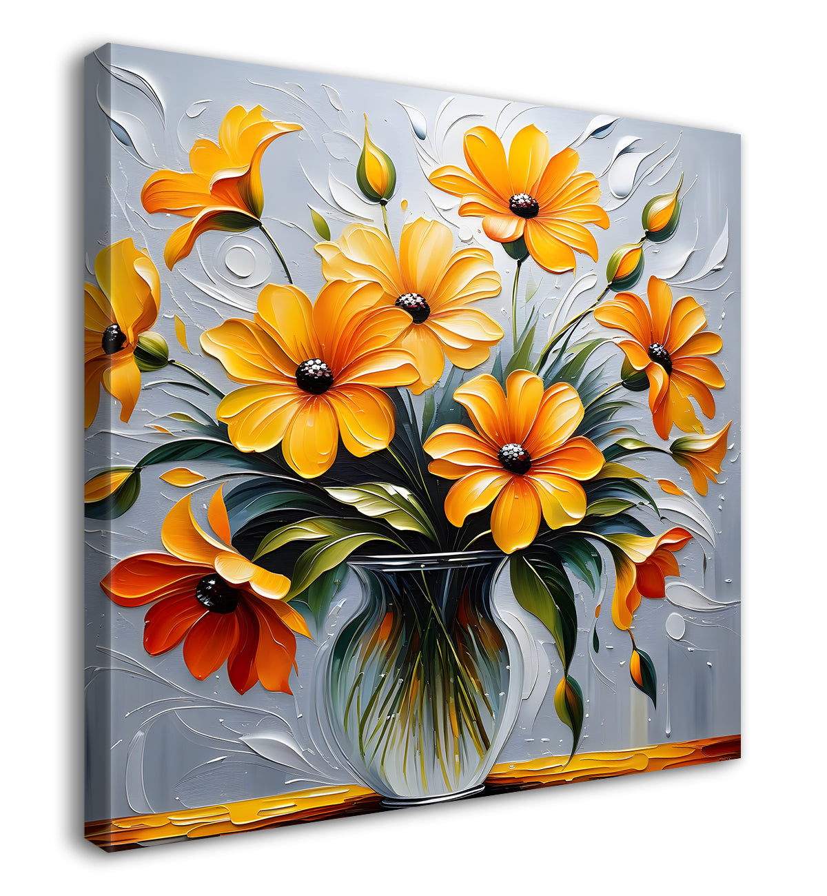 Yellow flowers in a vas with grey background textured painting - Flower-S-24