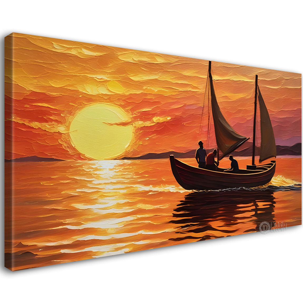 Boat in sea with sunrise background textured modern art canvas painting - Design - River-24