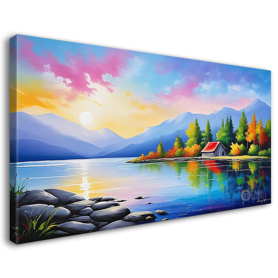 Mountains with house on greenery and river in textured natural art Canvas Painting - Nature Art -24