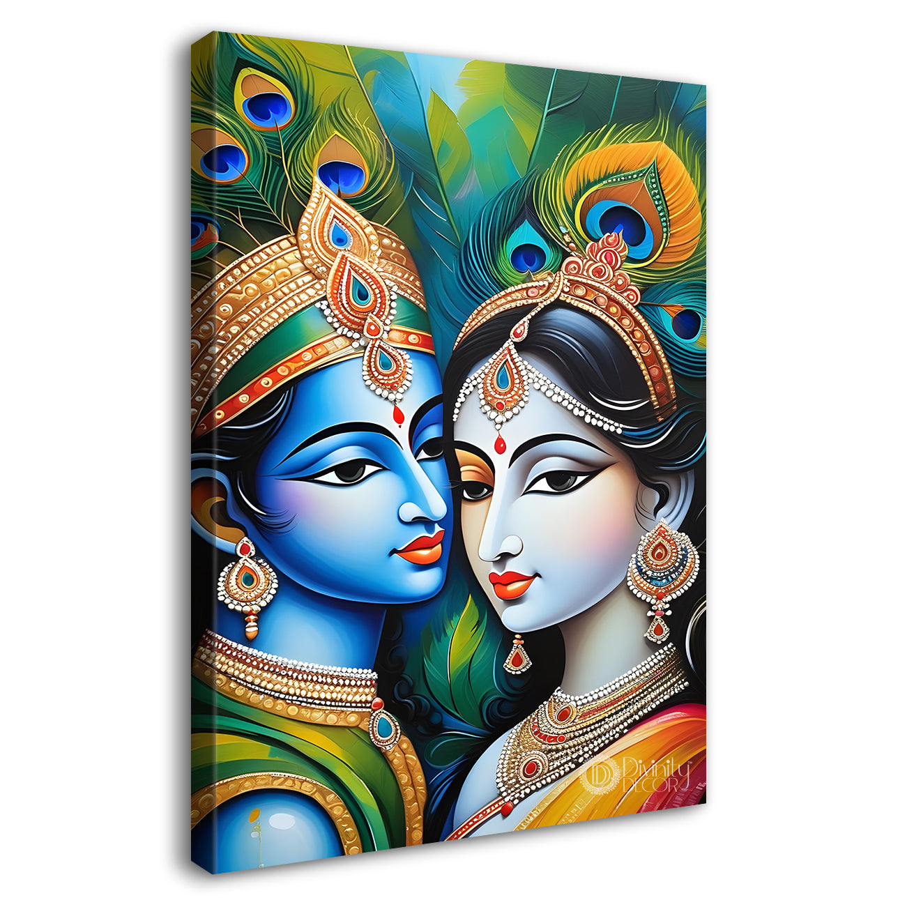 Blue face of krishna with radha in peacock feathers background textured art  Canvas Painting - Design - Krishna-V-24