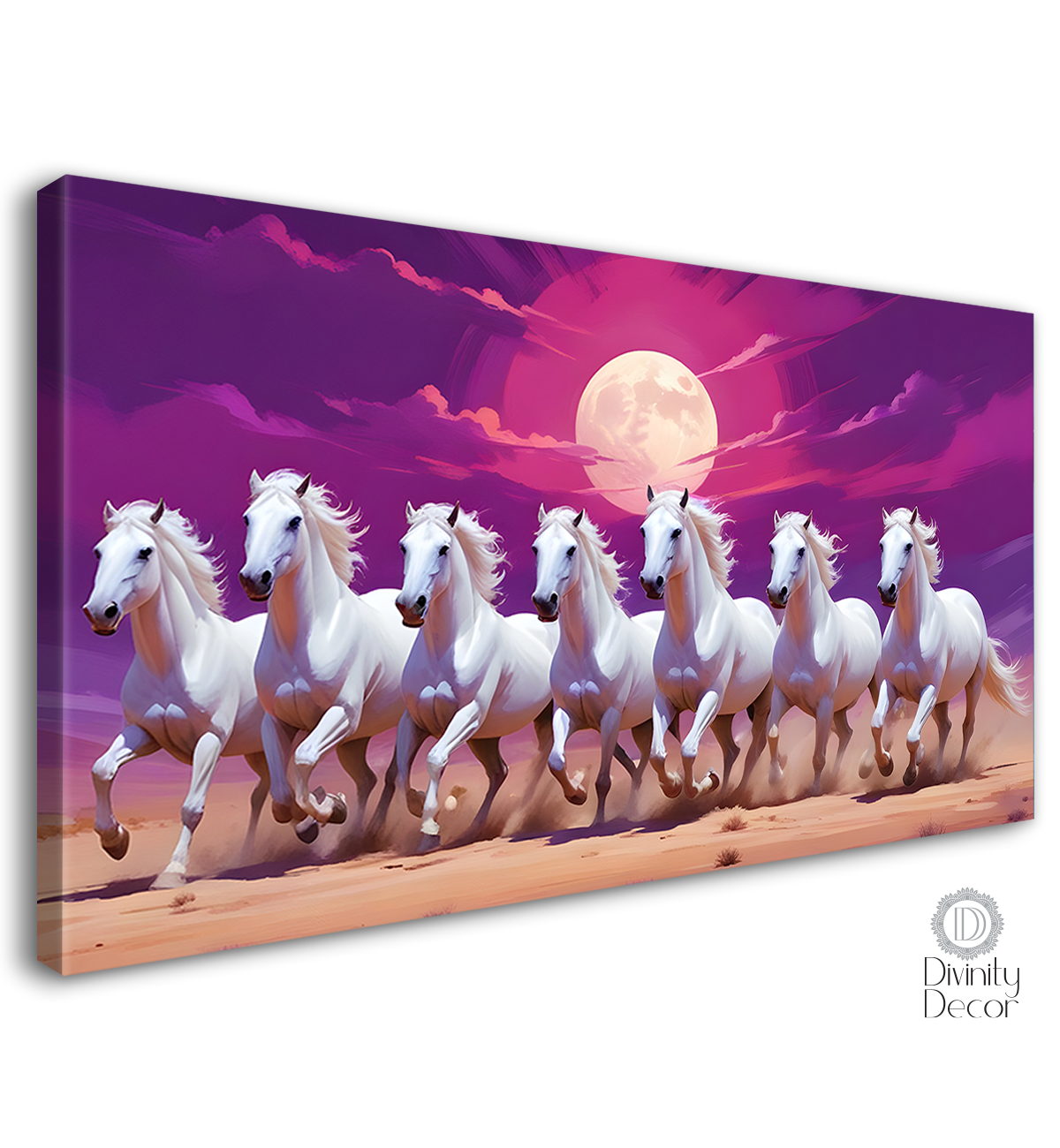 White horses running on sand with moon in purple textured background art Canvas Painting - Design - Horse-25