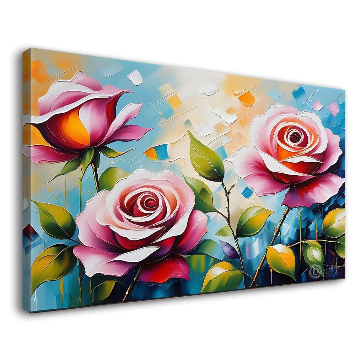Pink roses with blue textured background painting- Design - Flower-250