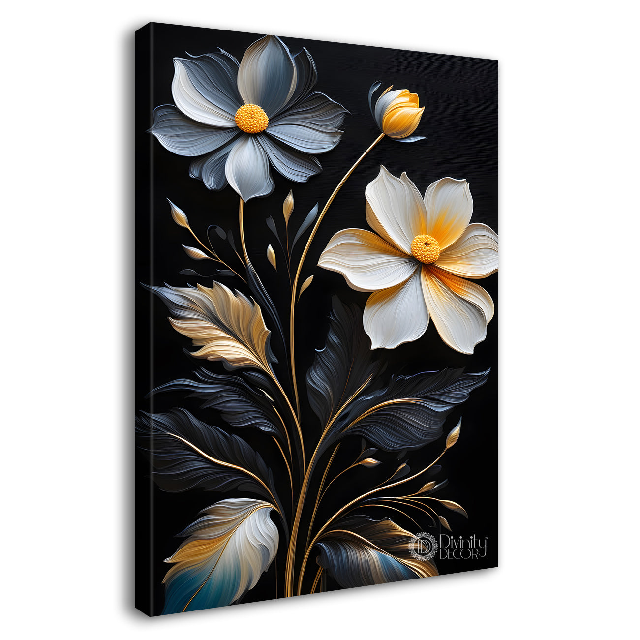 White and blue flowers in black textured painting- Flower-V-250