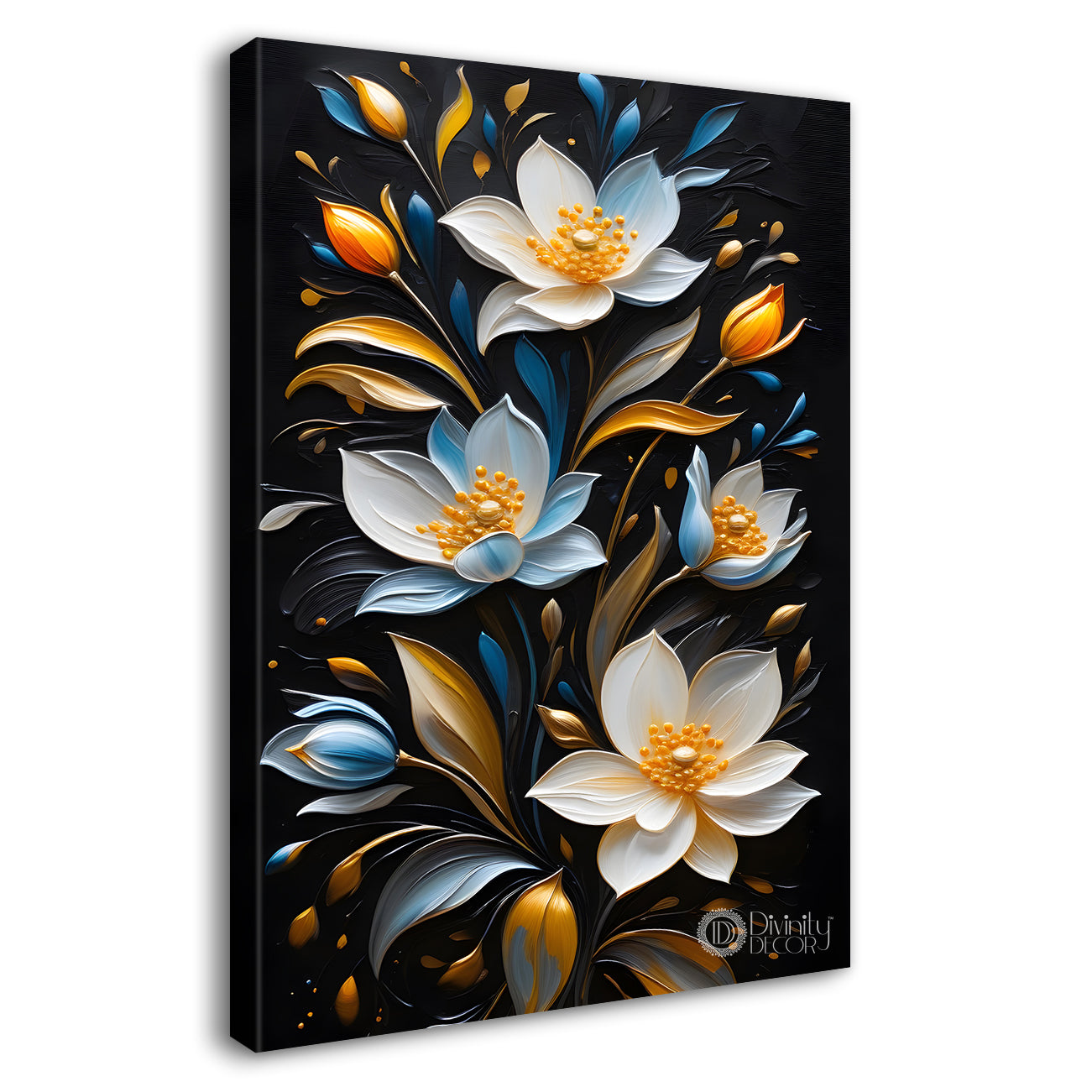 White and blue flowers in black textured painting- Flower-V-251