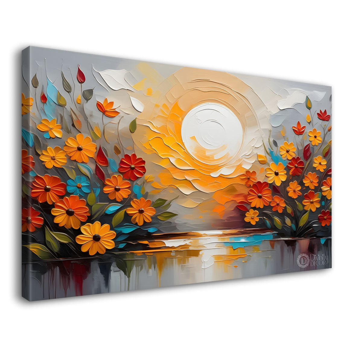 Colorful flowers with the lake and sun background painting - Flower-253