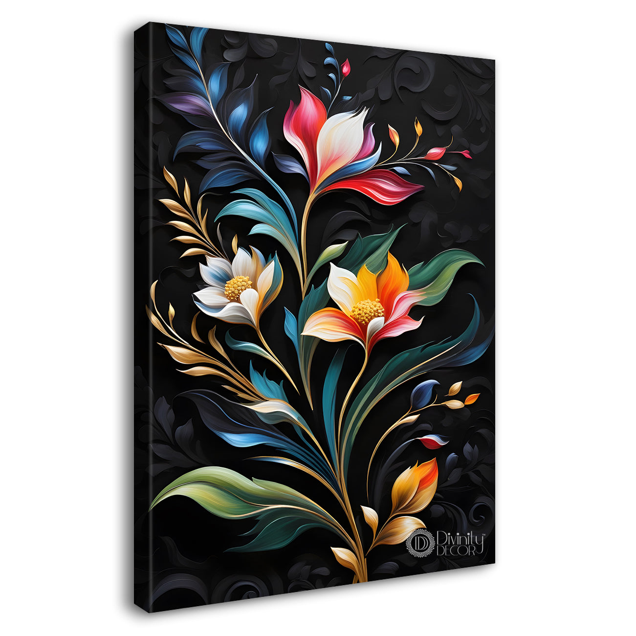 Colourful flowers in dark textured painting- Flower-V-253