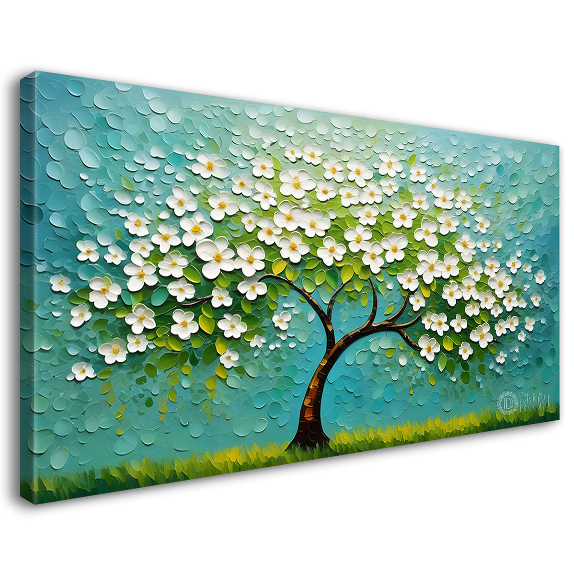 White flower tree in textured background oil painting- Design - Tree-253