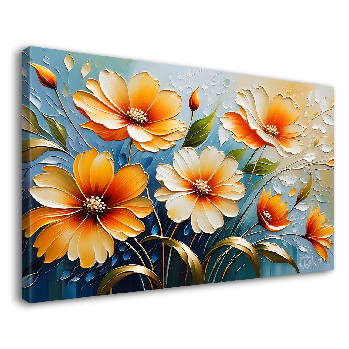 Orange flowers in the blue background painting - Flower-255