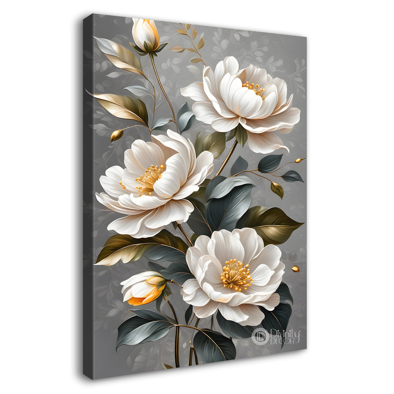 White flowers in grey textured background painting- Flower-V-256