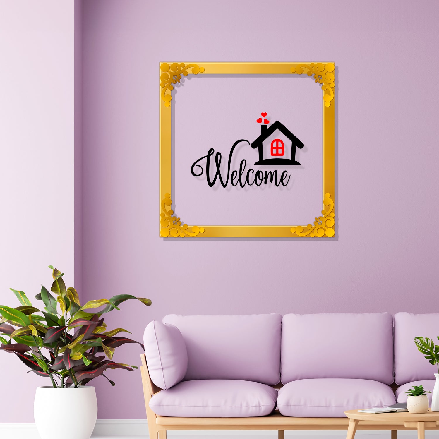 Welcome home Golden Plaque for Gifting, Wall Décor Clear UV print with Golden Border-257