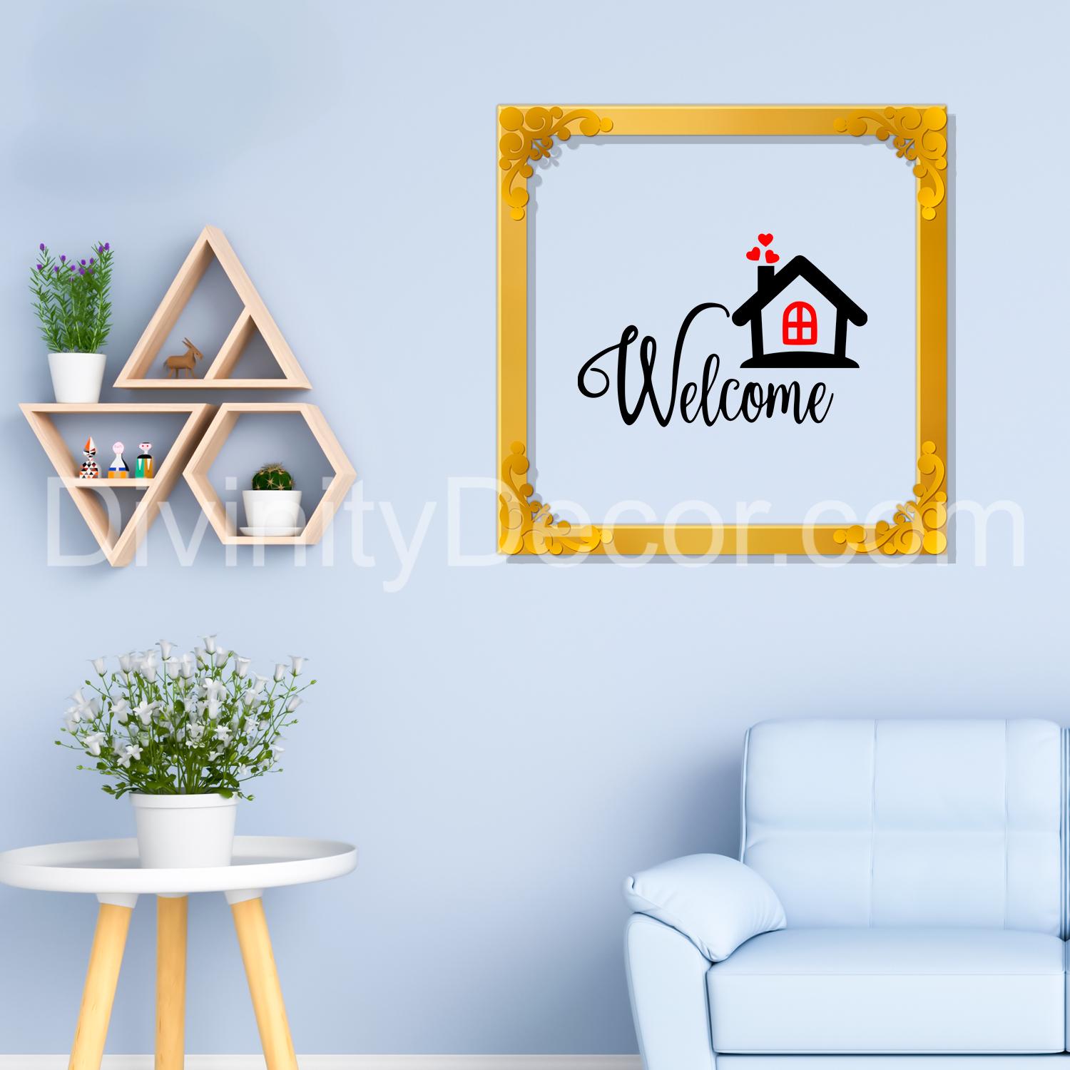 Welcome home Golden Plaque for Gifting, Wall Décor Clear UV print with Golden Border-257