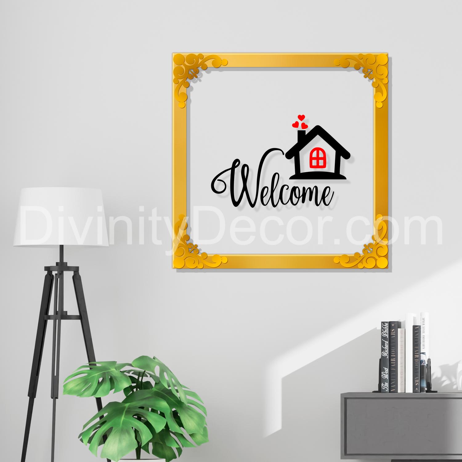 Welcome home Golden Plaque for Gifting, Wall Décor Clear UV print with Golden Border-257