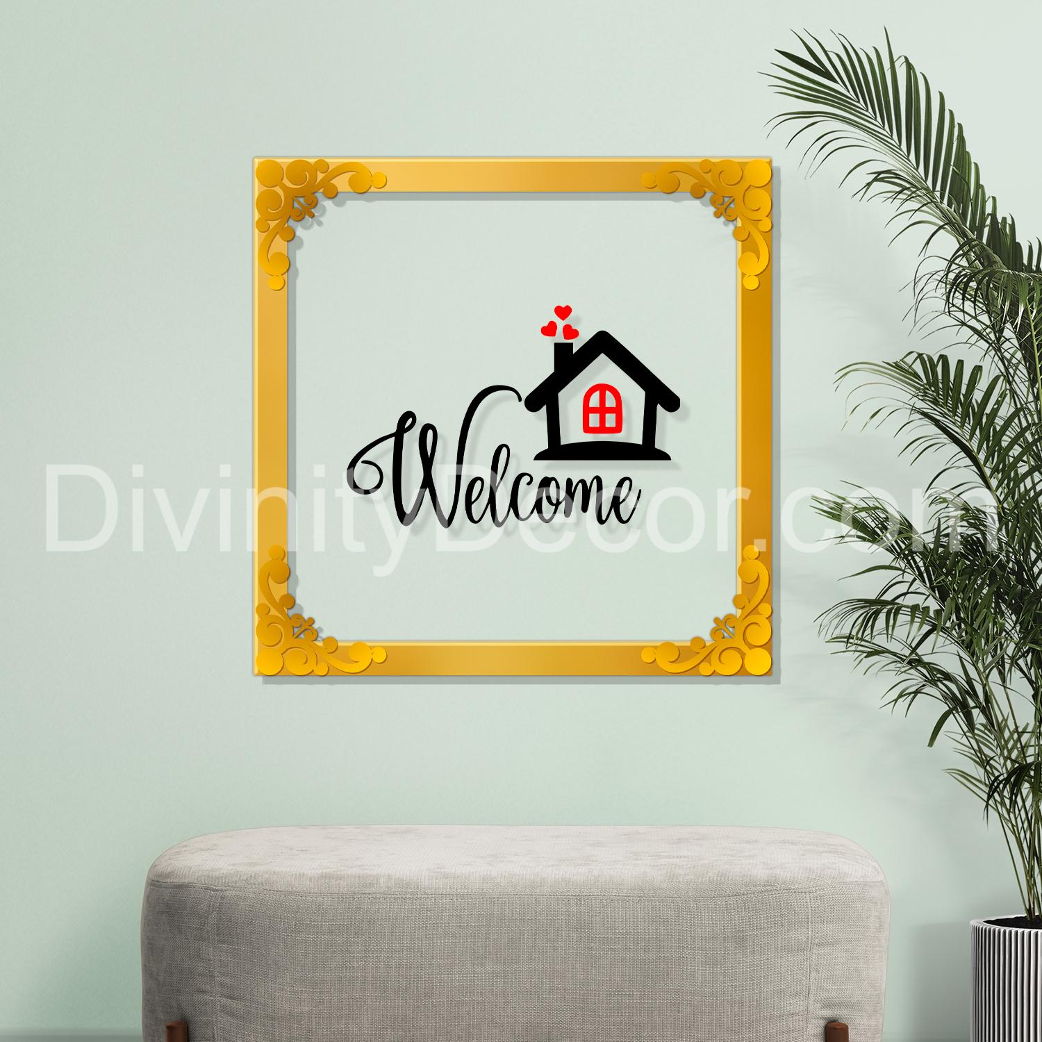 Welcome home Golden Plaque for Gifting, Wall Décor Clear UV print with Golden Border-257