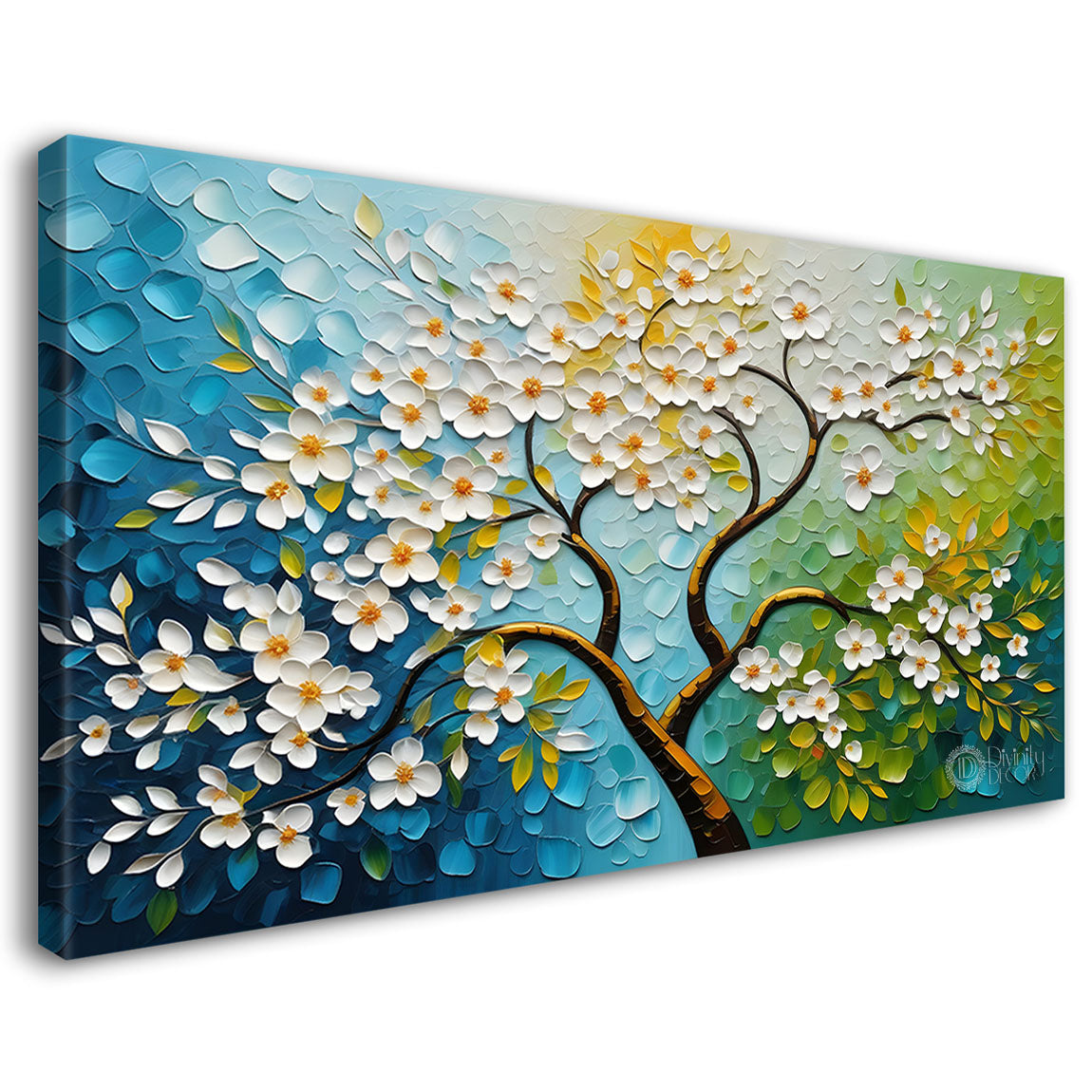 White flower tree in textured background oil painting- Design - Tree-257