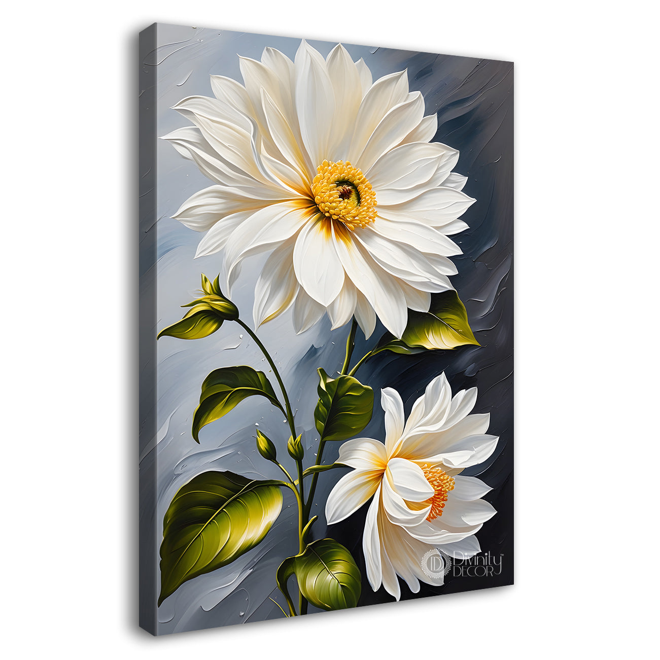 White flowers in grey textured background painting- Flower-V-257