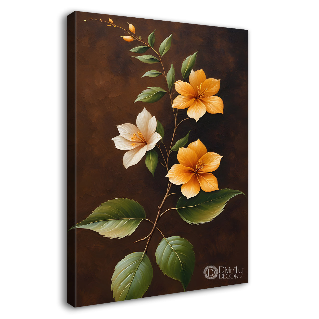 Orange flowers in brown textured background painting- Flower-V-259