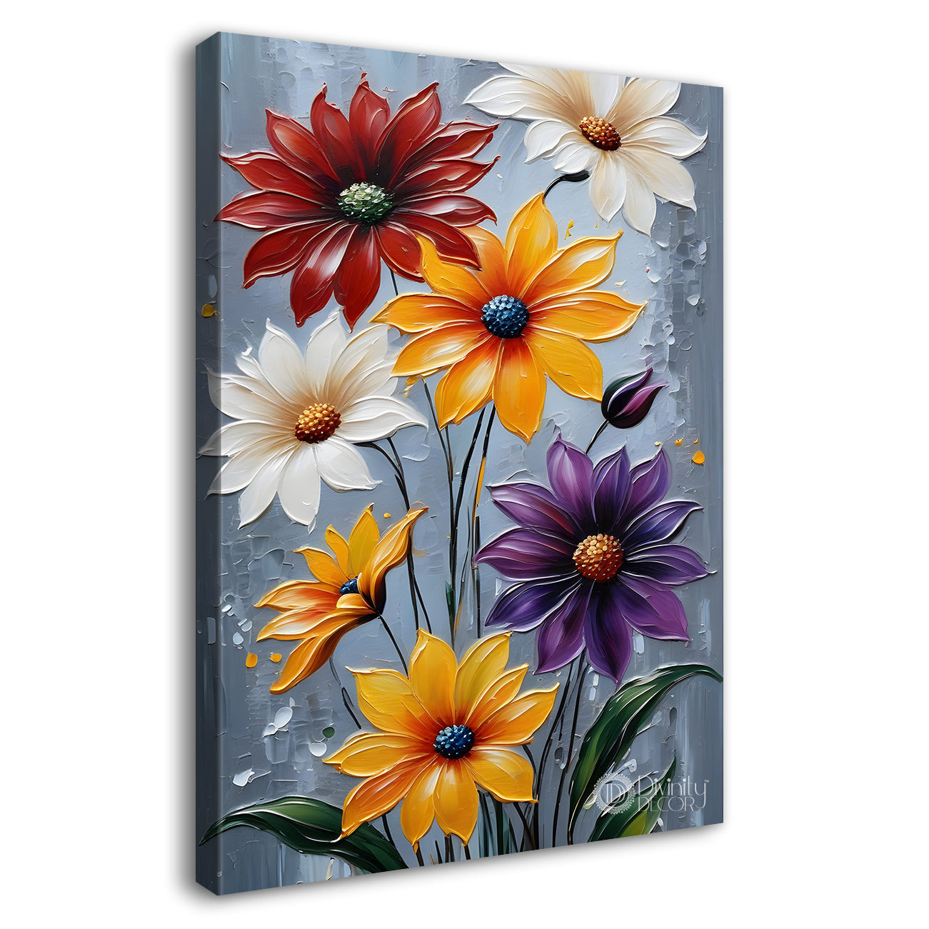 Colourful flowers in grey textured background painting - Flower-V-25