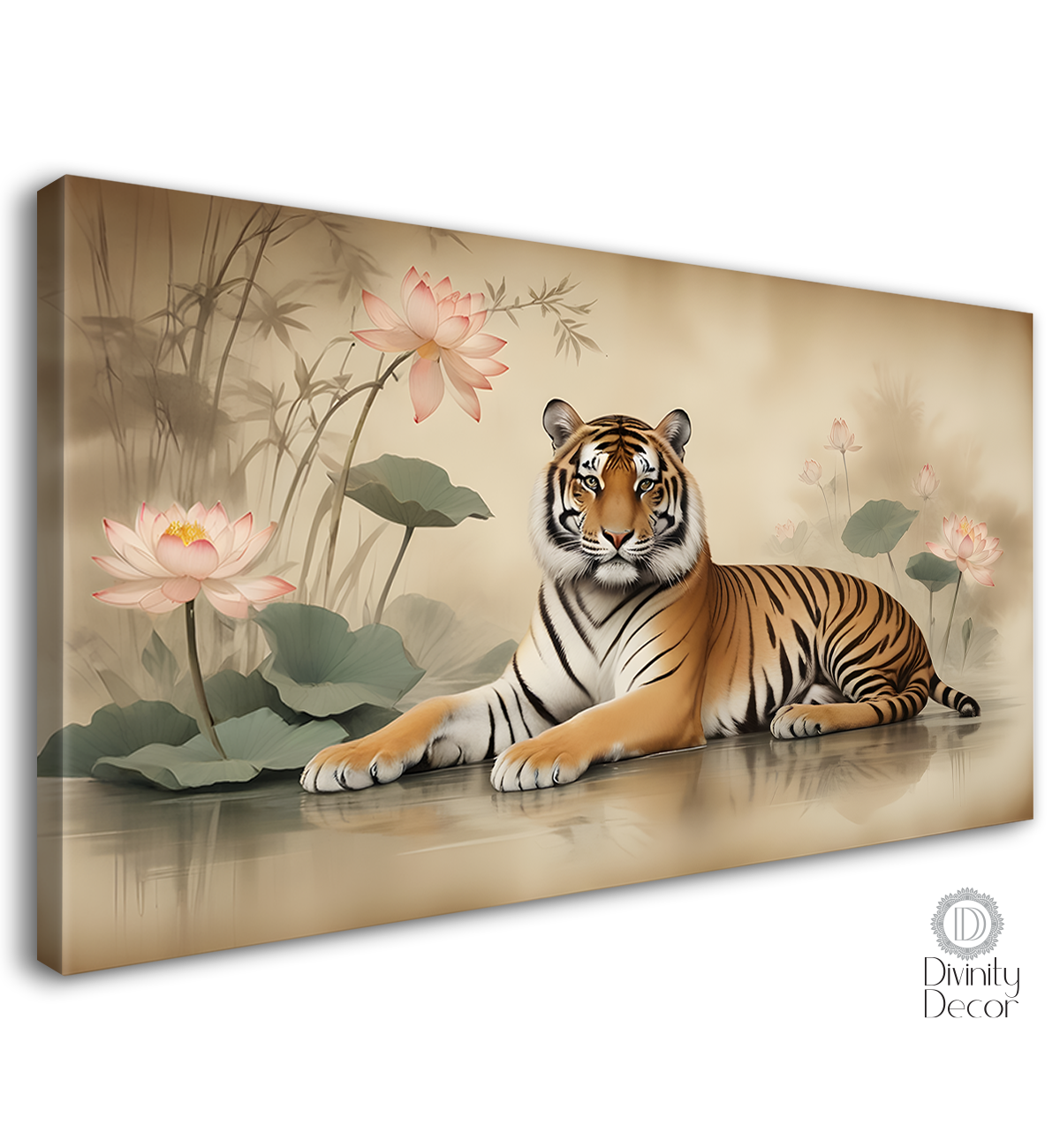 Tiger with lotus in light background textured art.- Design - Animal -25
