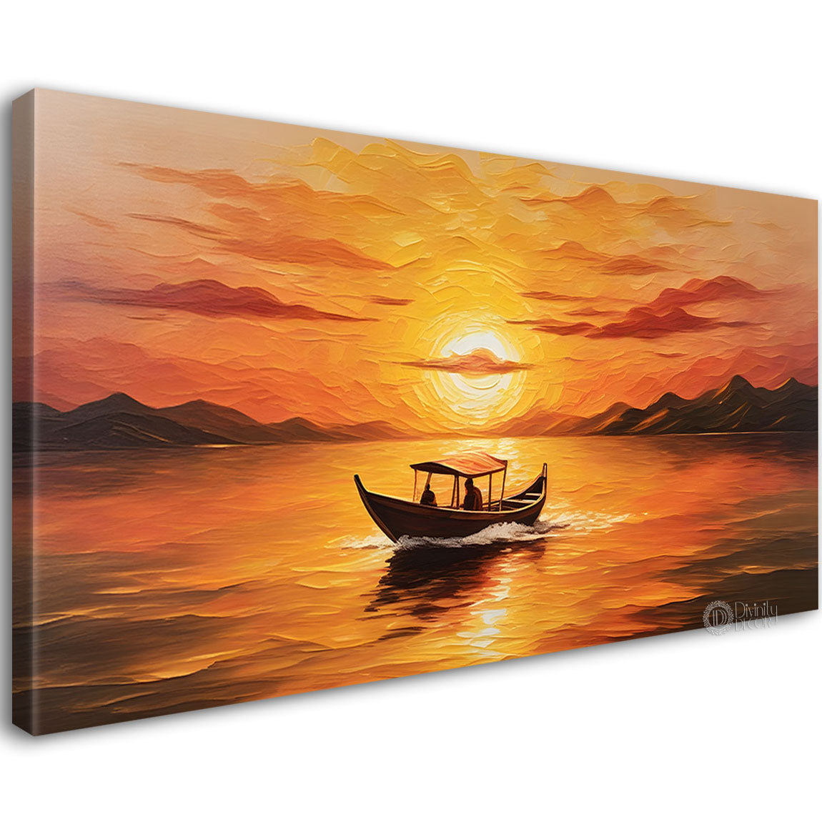 Boat in sea with sunrise background textured modern art canvas painting - Design - River-25