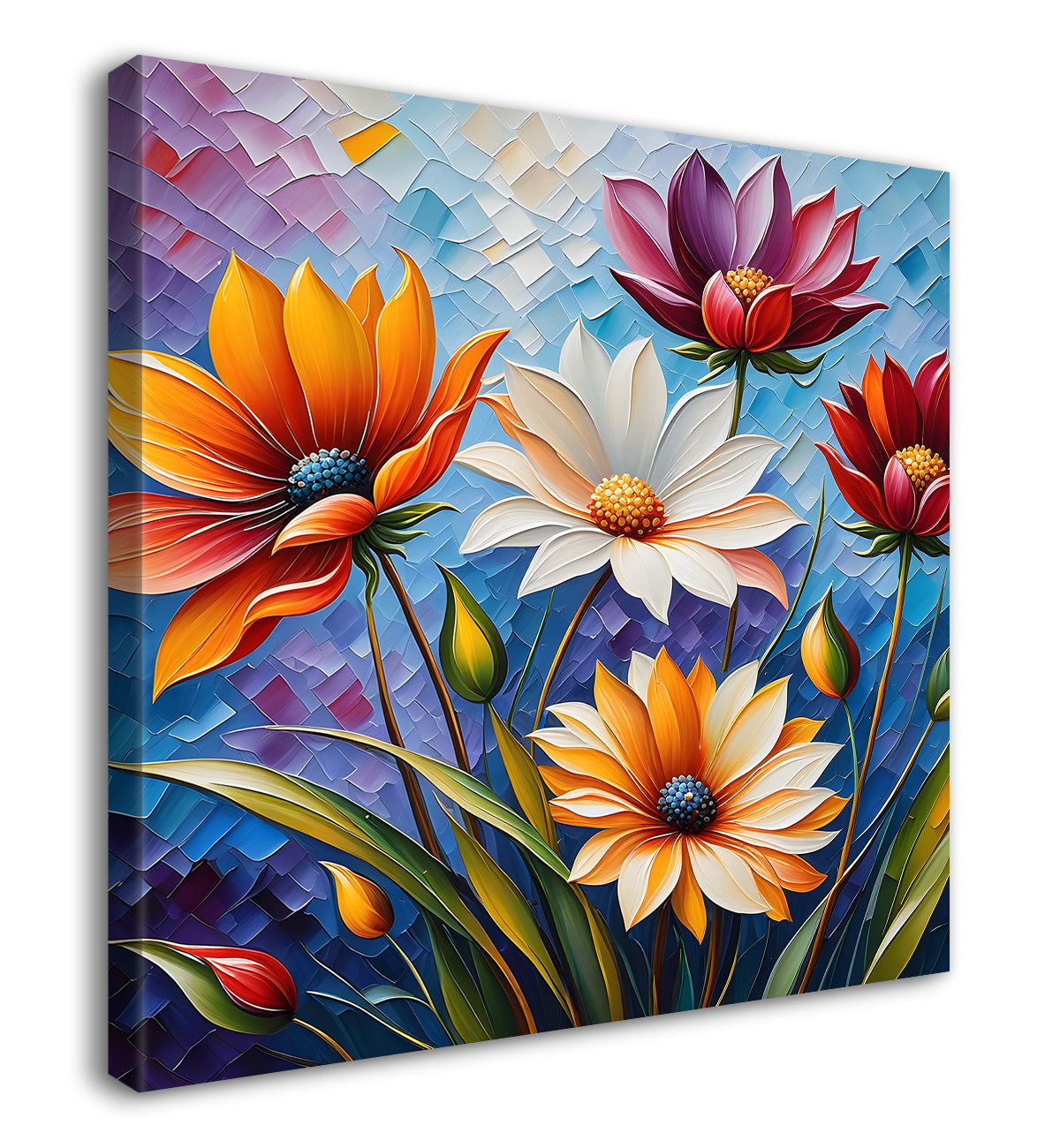 Colourful flowers in blue background textured painting - Flower-S-25