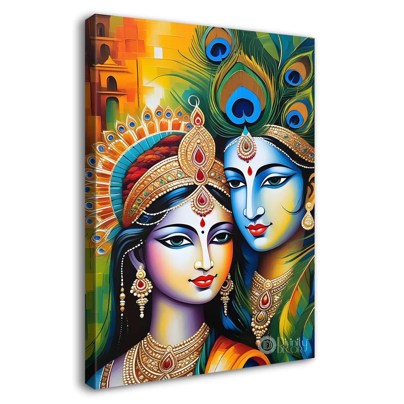 Blue face of krishna with radha in orange background textured art Canvas Painting - Design - Krishna-V-25
