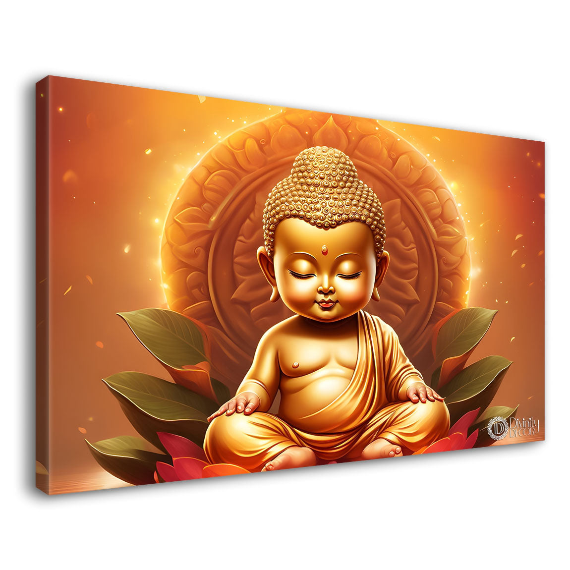 Golden baby buddha with orange background painting Canvas Wall Painting - Buddha-25
