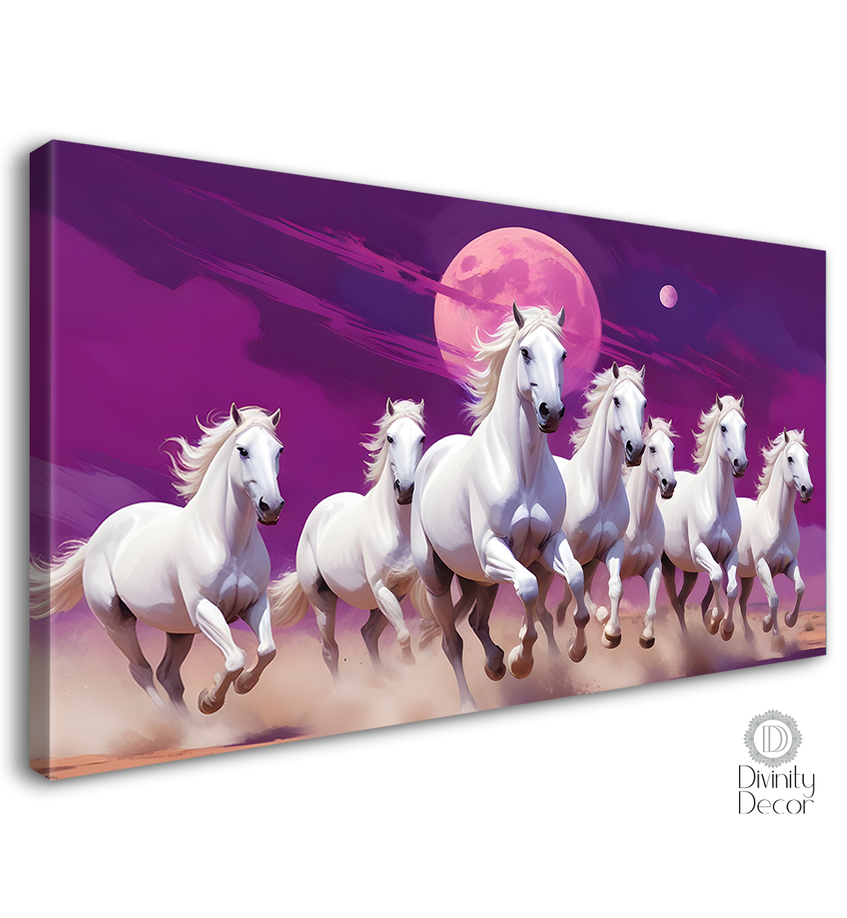 White horses running on sand with two moon in purple textured background art Canvas Painting - Design - Horse-26