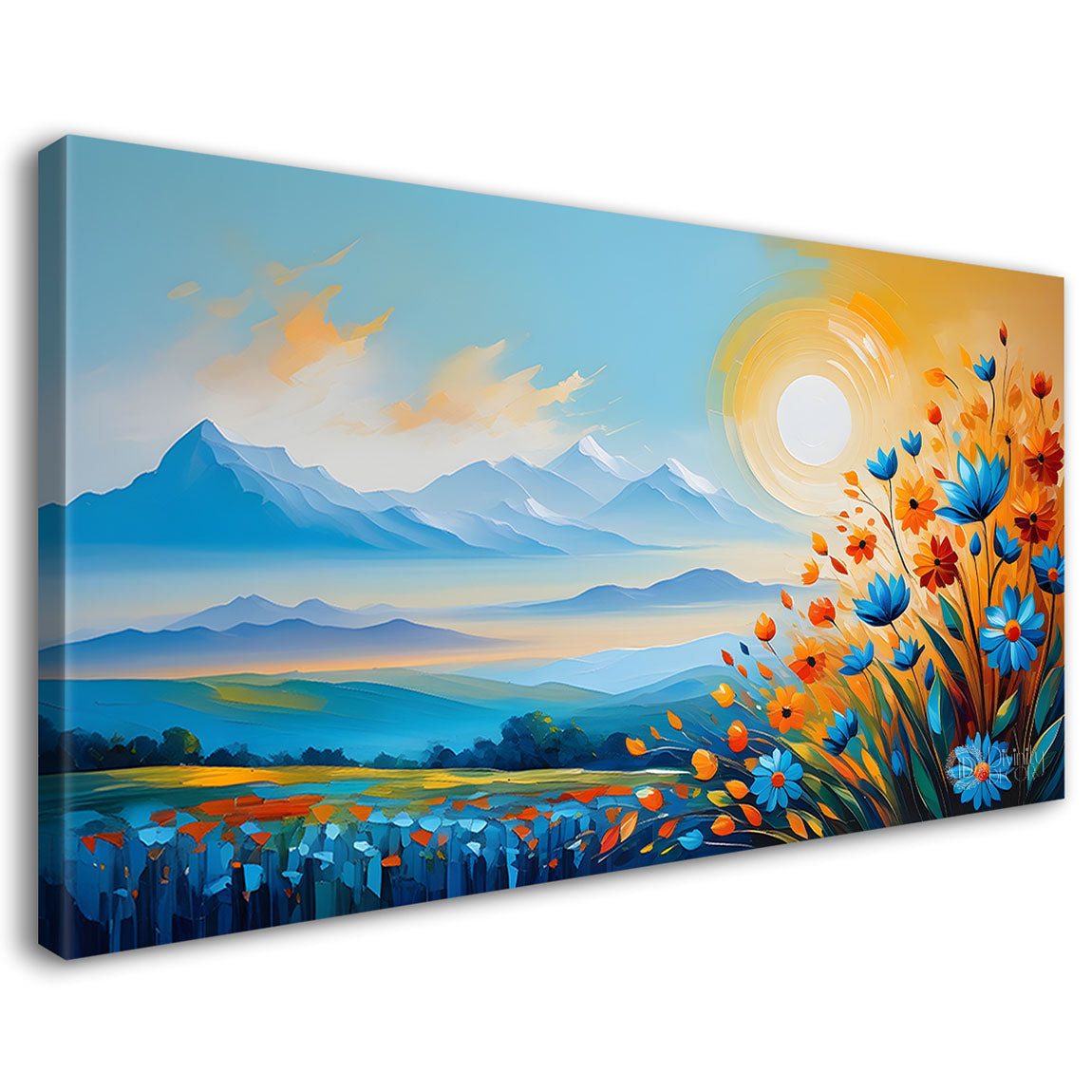 Mountains with flowers and sunset painting Canvas Painting - Nature Art -261