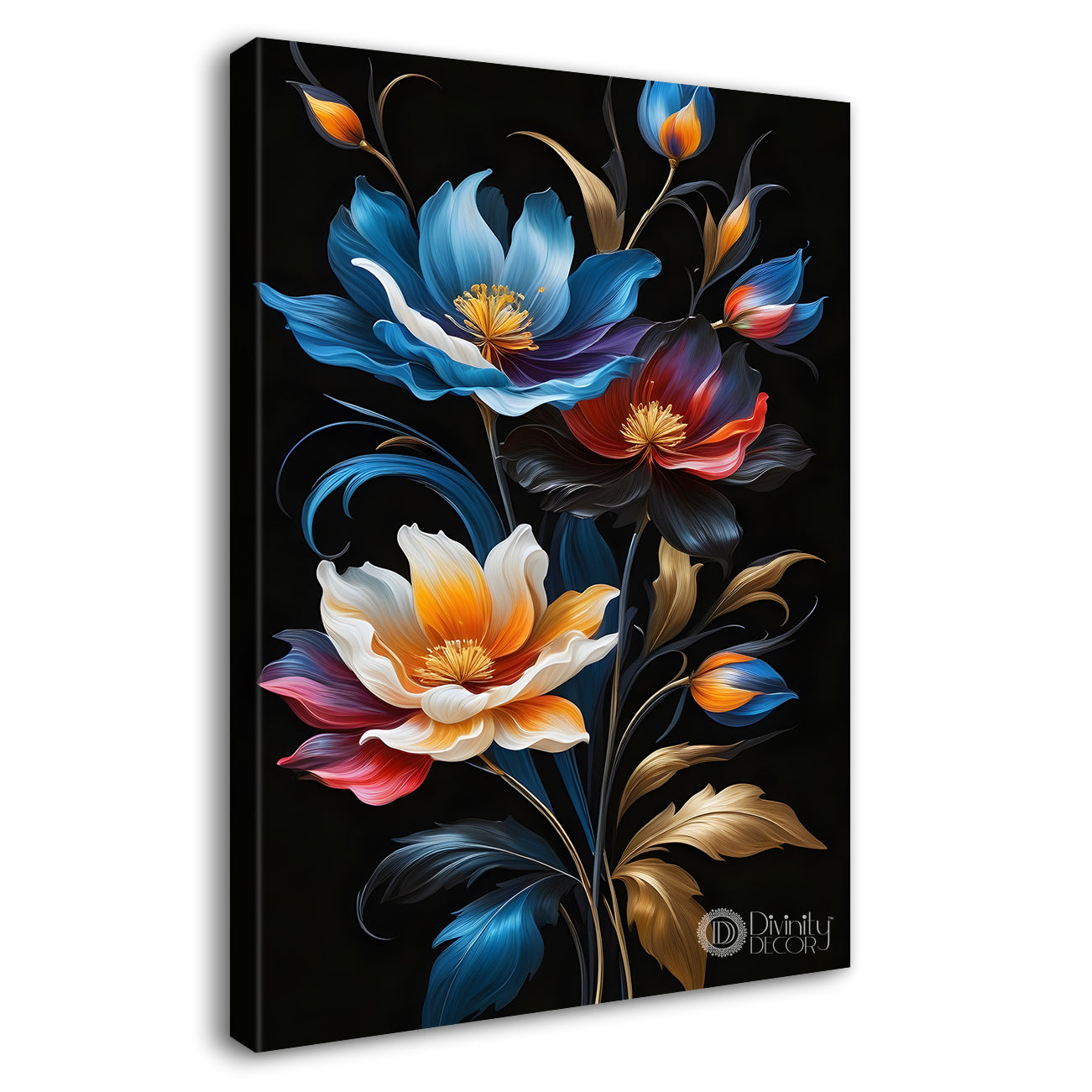 Colourful flowers in dark textured painting- Flower-V-261