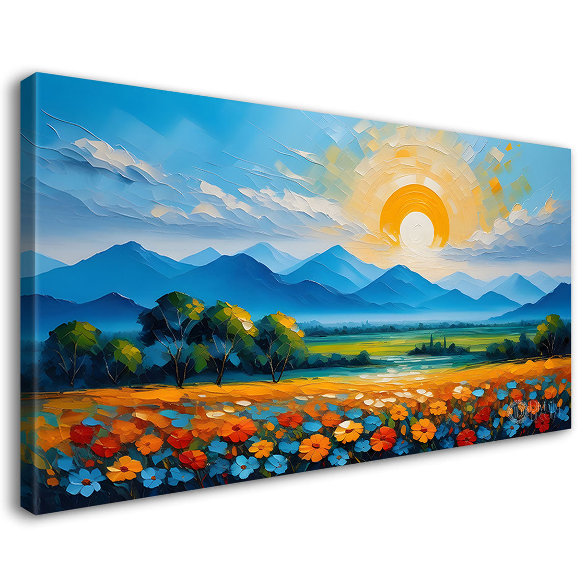 Mountains with flowers and sunset painting Canvas Painting - Nature Art -262