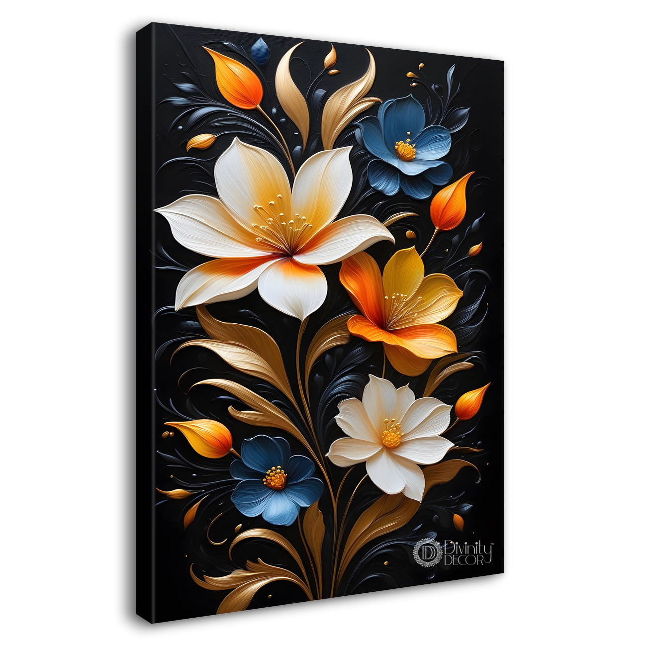Colourful flowers in black textured background painting- Flower-V-263