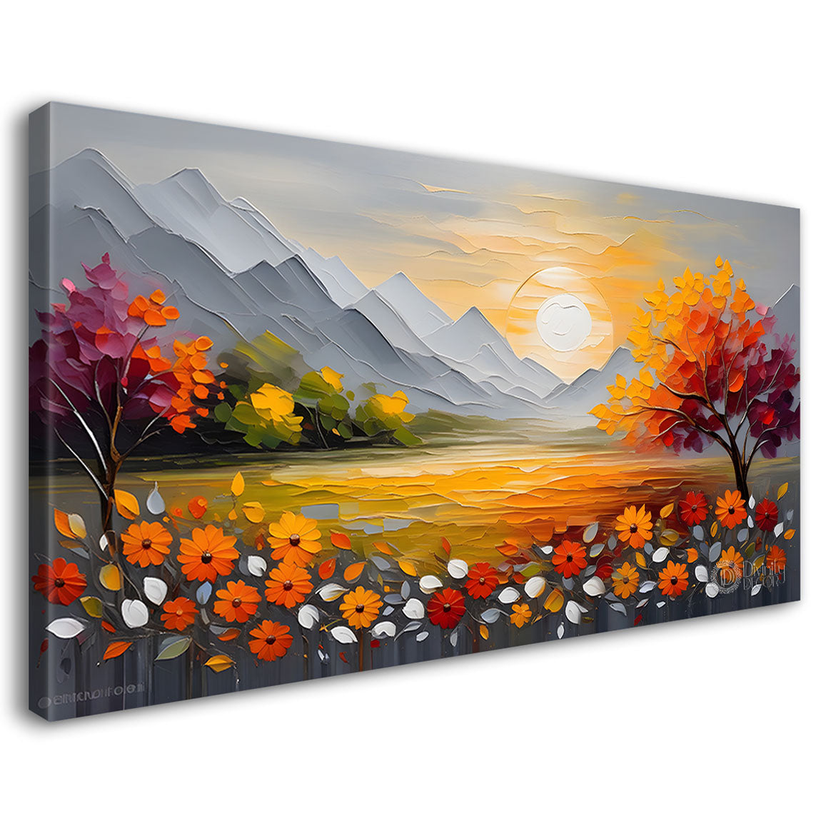 Mountains with flowers and sunset painting Canvas Painting - Nature Art -263