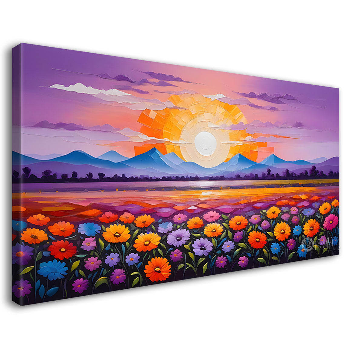 Mountains with flowers and sunset painting Canvas Painting - Nature Art -264