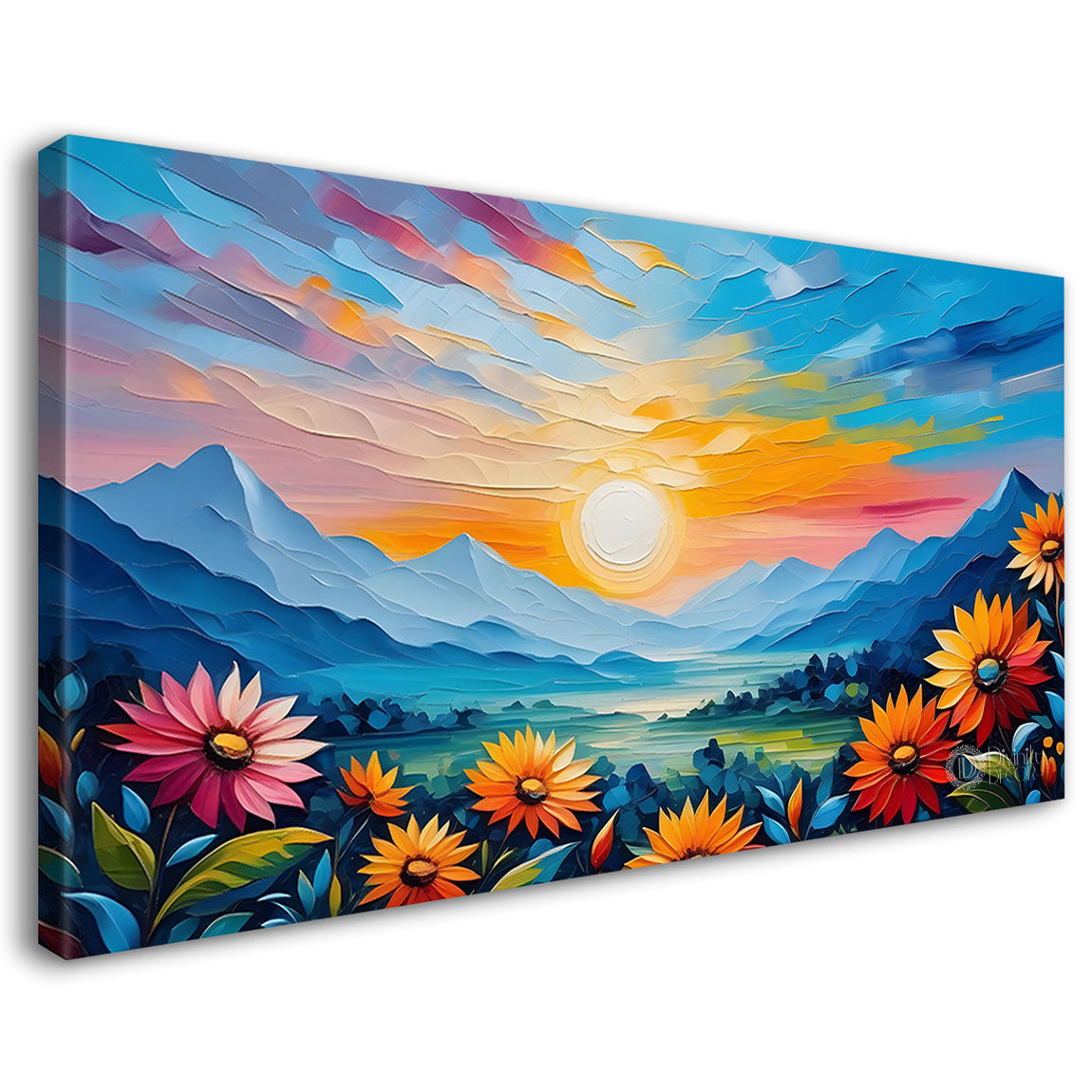 Mountains with flowers and sunset painting Canvas Painting - Nature Art -265