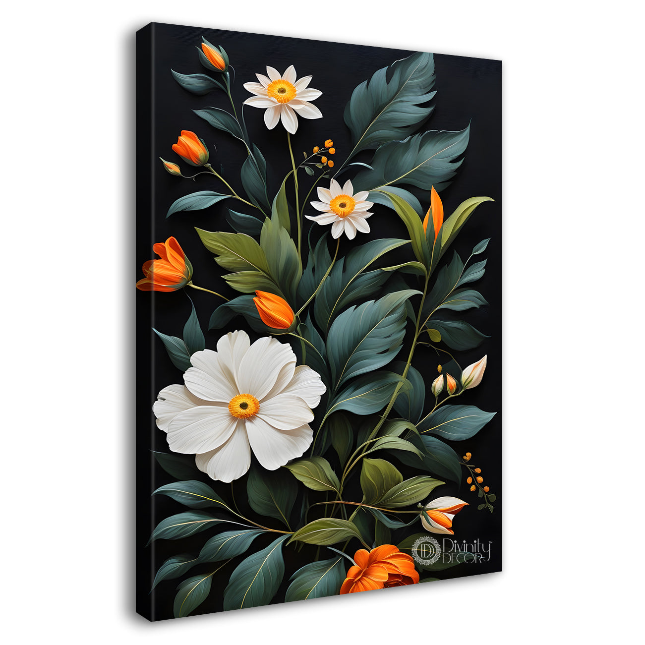 White flowers in green textured background painting Flower-V-265