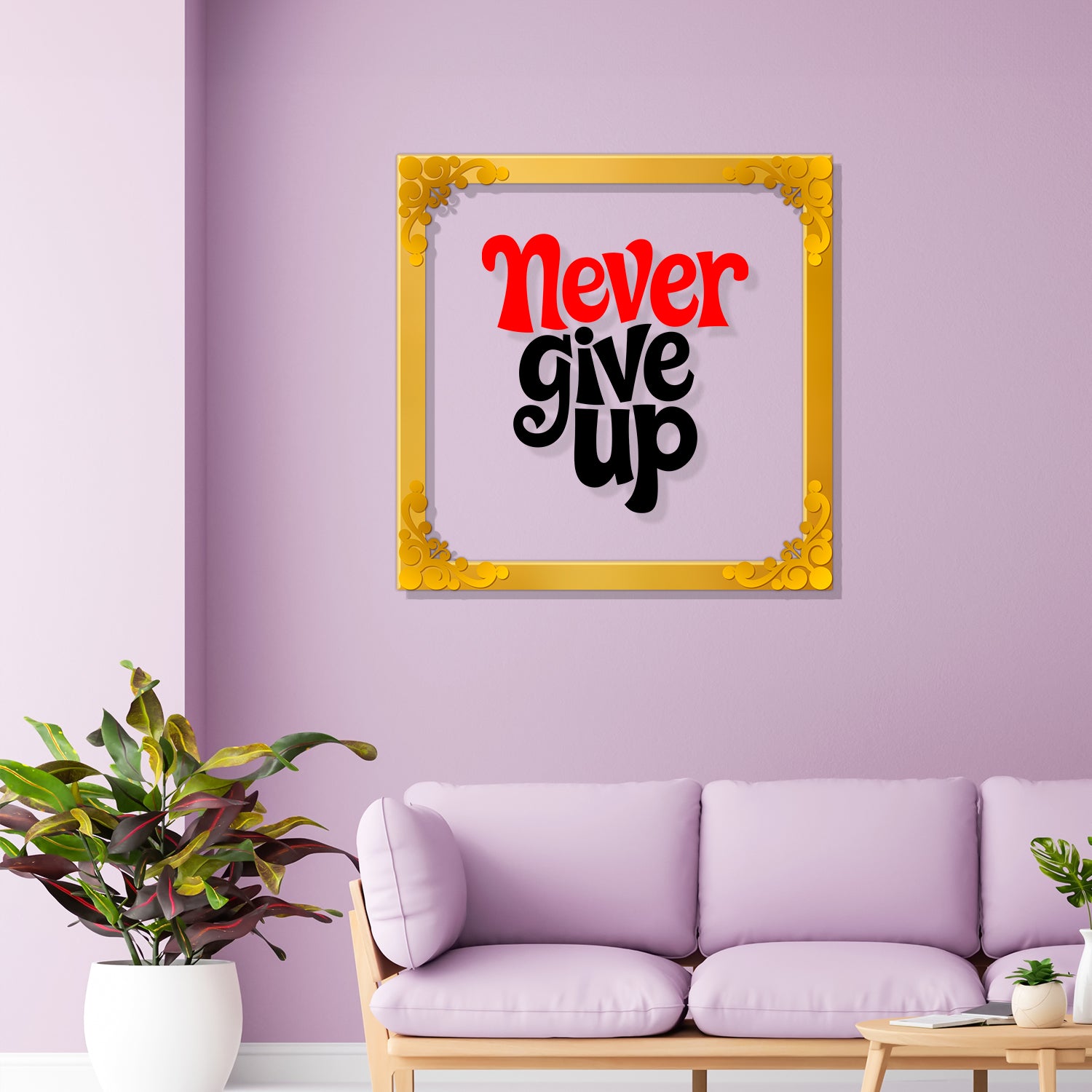Never give up Golden Plaque for Gifting, Wall Décor Clear UV print with Golden Border-266