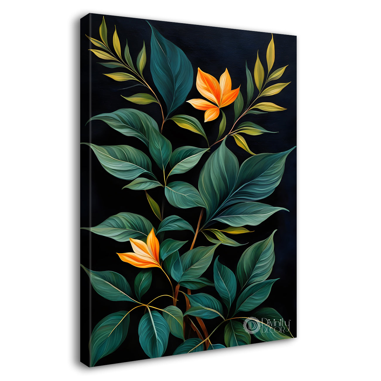 Orange flowers with leaves in dark textured background painting- Flower-V-266
