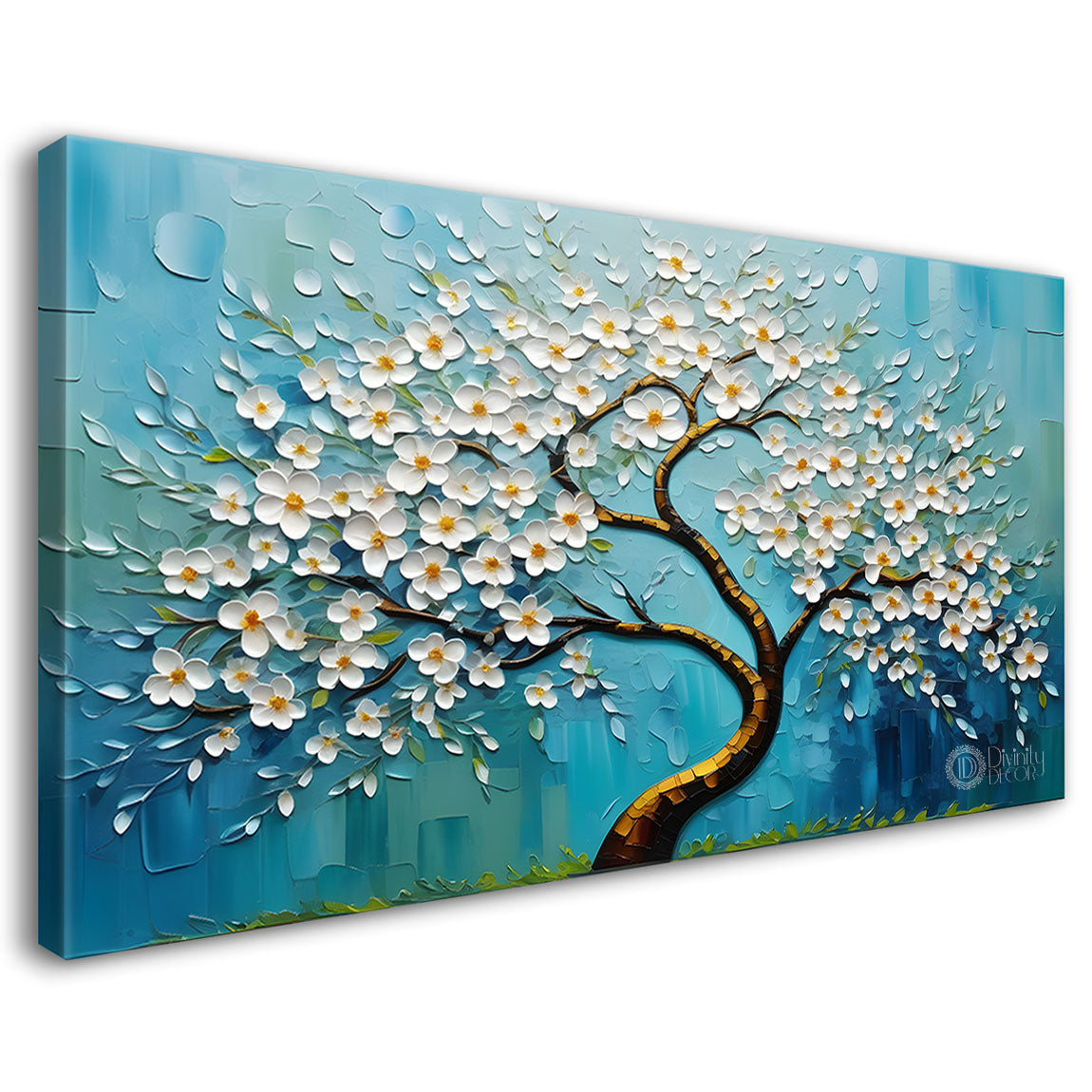 White flower tree in textured background oil painting- Design - Tree-266