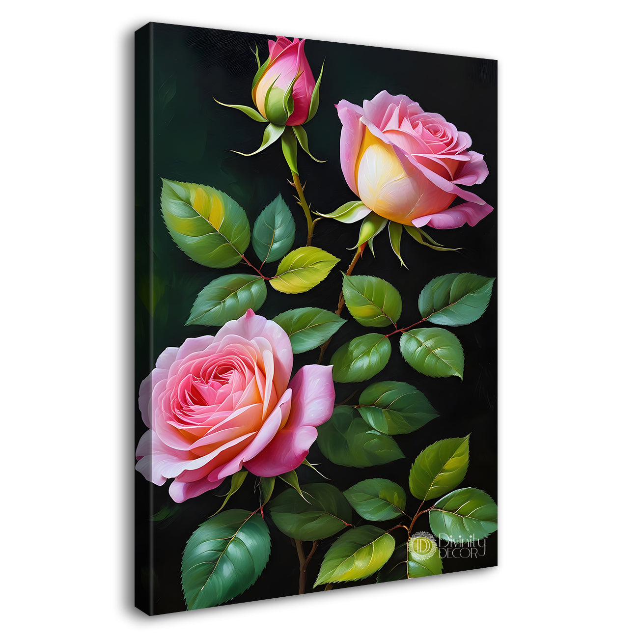 Pink flowers with leaves in dark textured background painting- Flower-V-267