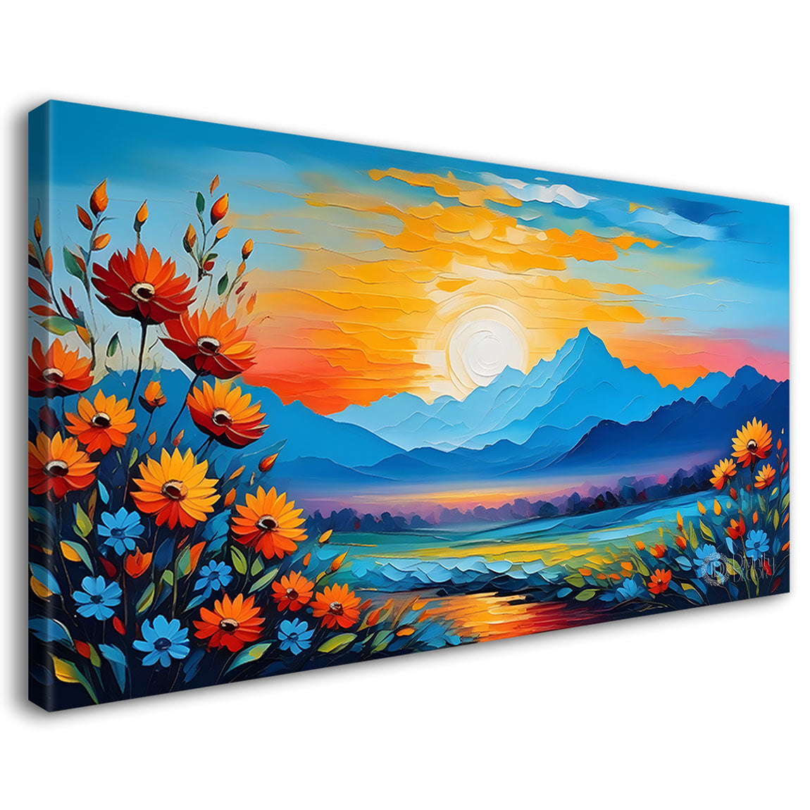 Mountains with flowers and sunset painting Canvas Painting - Nature Art -267