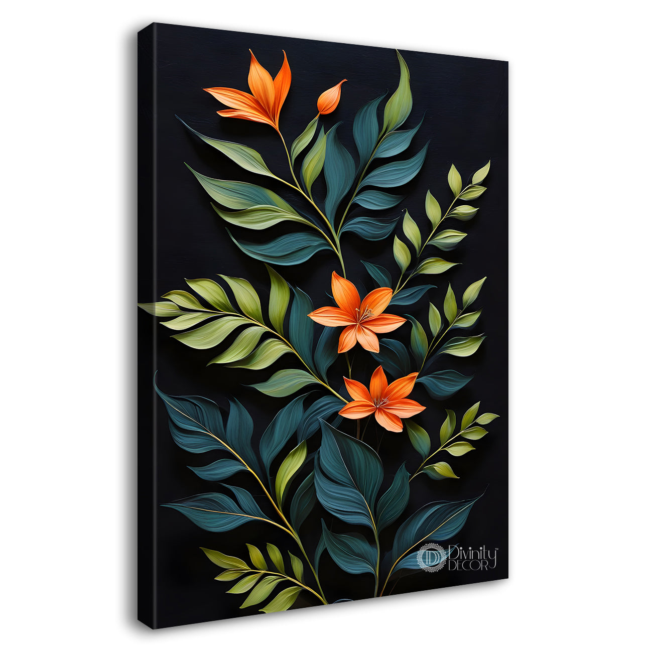 Orange flowers with leaves in dark textured background painting- Flower-V-268