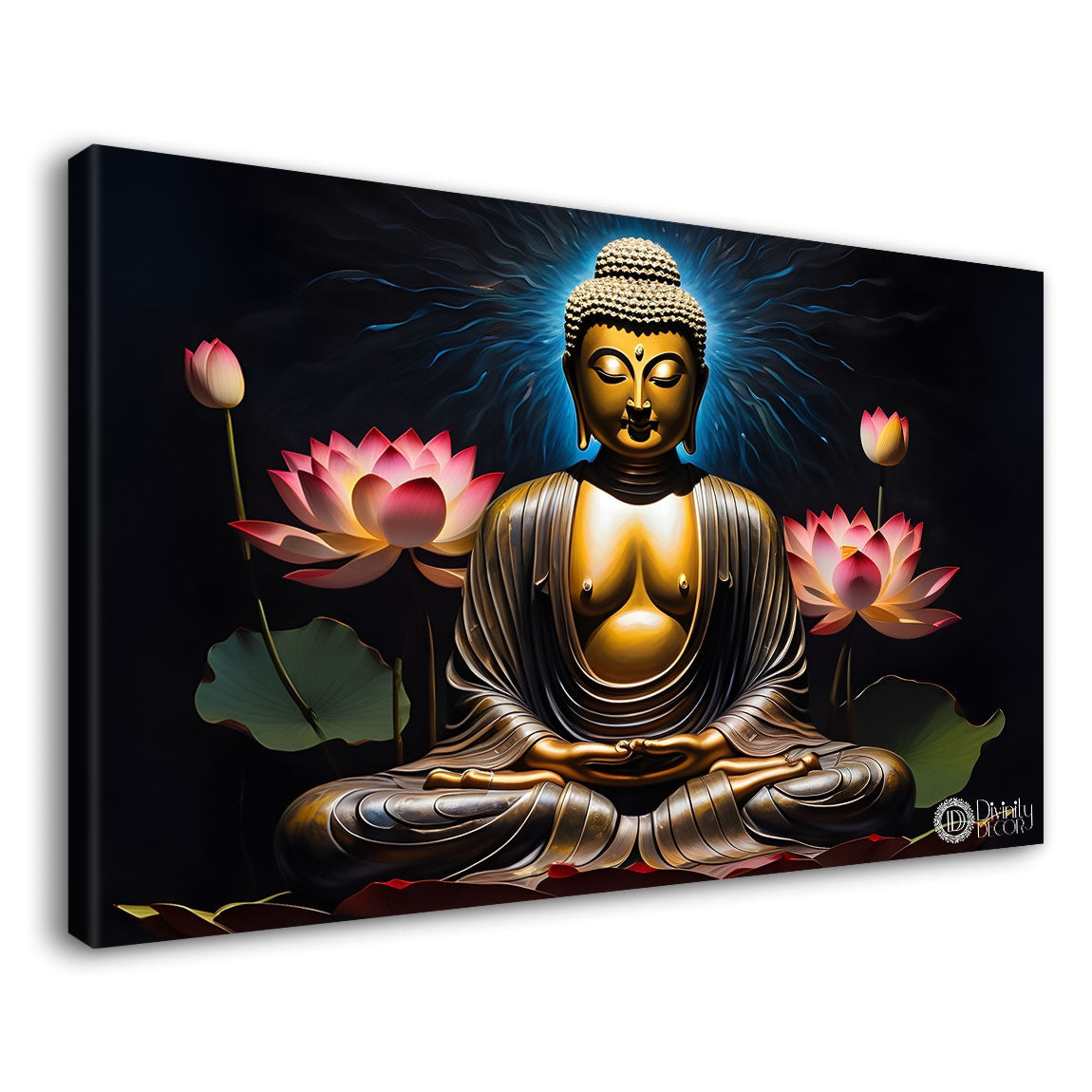 Buddha with dark and lotus textured background painting Canvas Wall Painting - Buddha-269