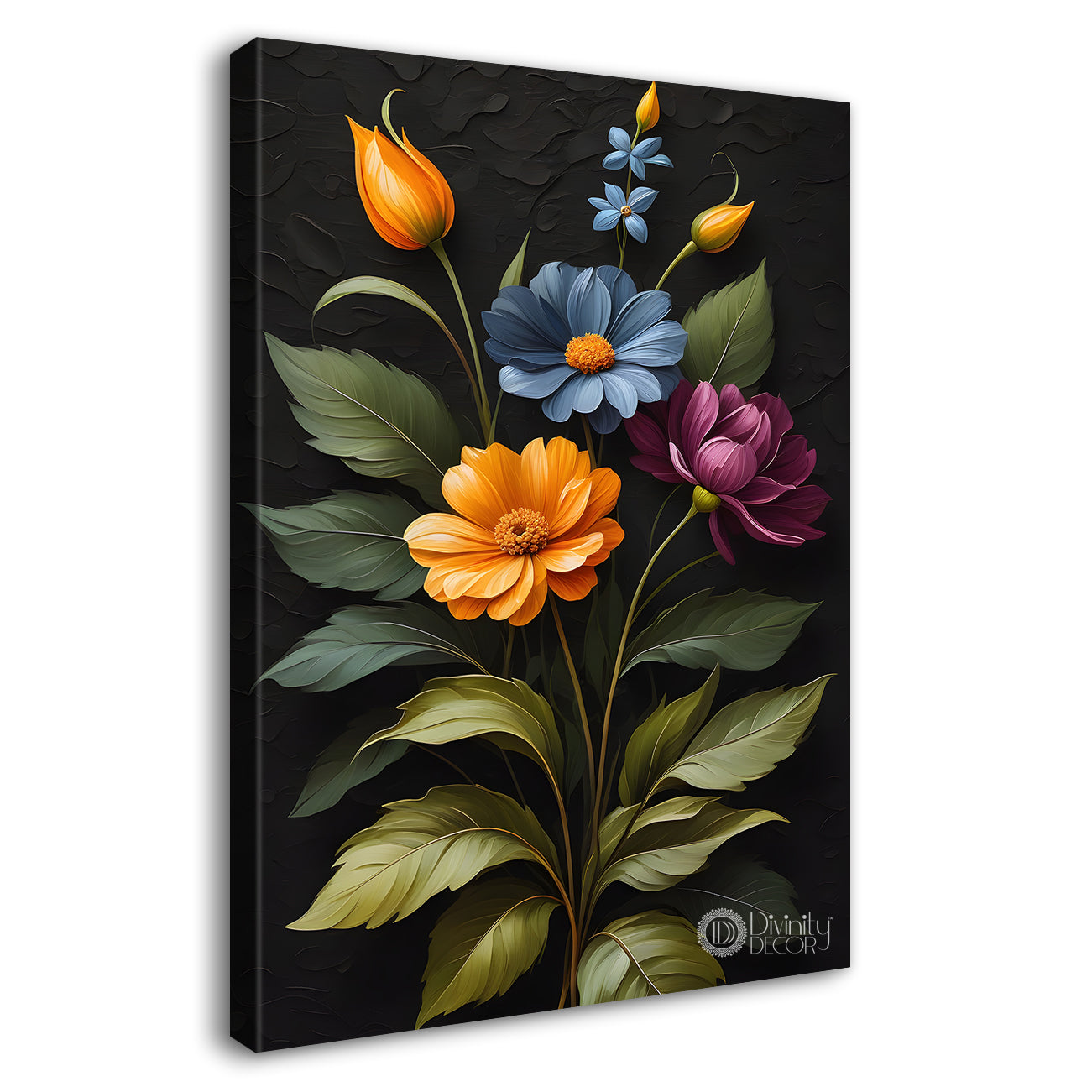 Colourful flowers with leaves in dark textured background painting- Flower-V-269